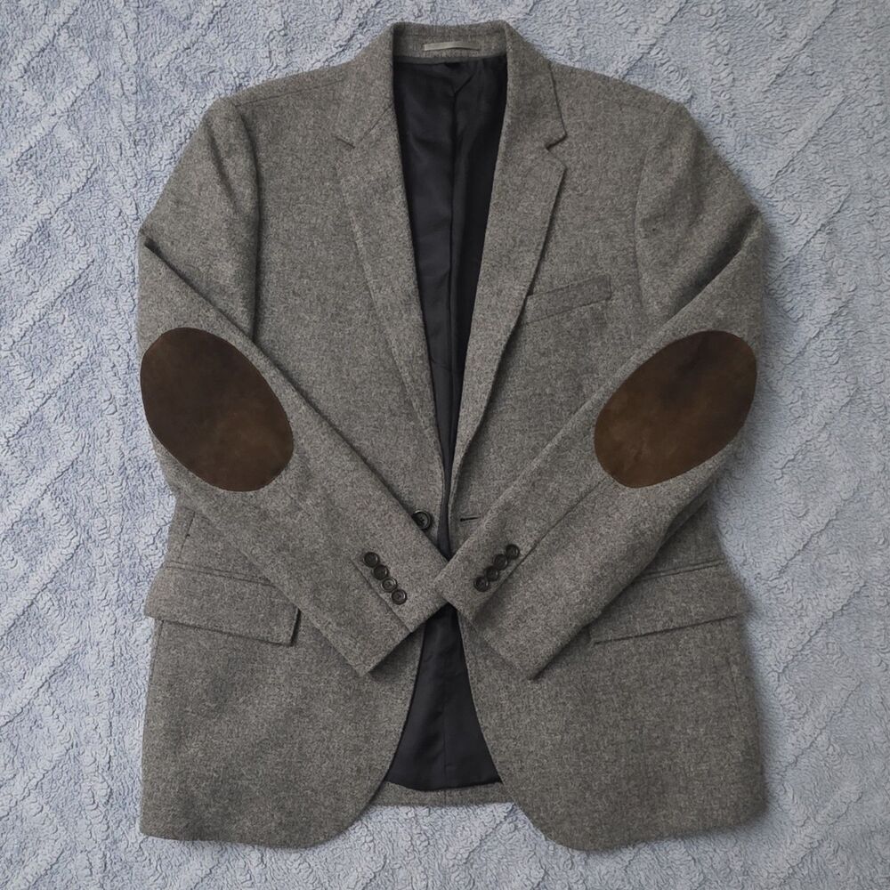 JCrew Ludlow 42R Mens Gray Herringbone Tweed Moon Wool Blazer Elbow Patch